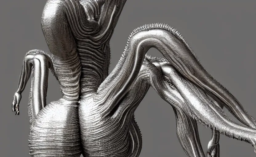 Image similar to stylized shiny polished silver statue full body extra limbs bizarre cosmic horror quadruped animal four legs made of marble of slug creature tendrils, perfect symmetrical body, perfect symmetrical face, hyper realistic, hyper detailed, by johannen voss, by michelangelo, octane render, blender, 8 k, displayed in pure white studio room