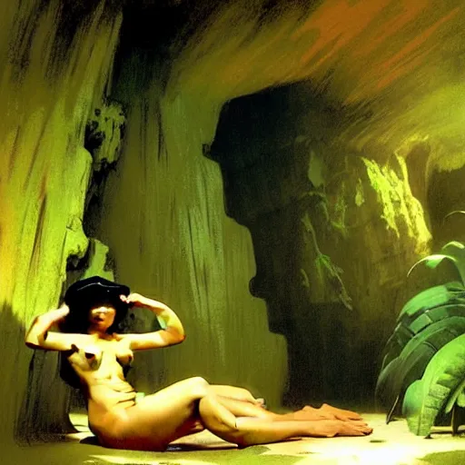 Image similar to a tropical cave that renovate as a luxury interior by syd mead, frank frazetta, ken kelly, simon bisley, richard corben, william - adolphe bouguereau w 1 0 2 4