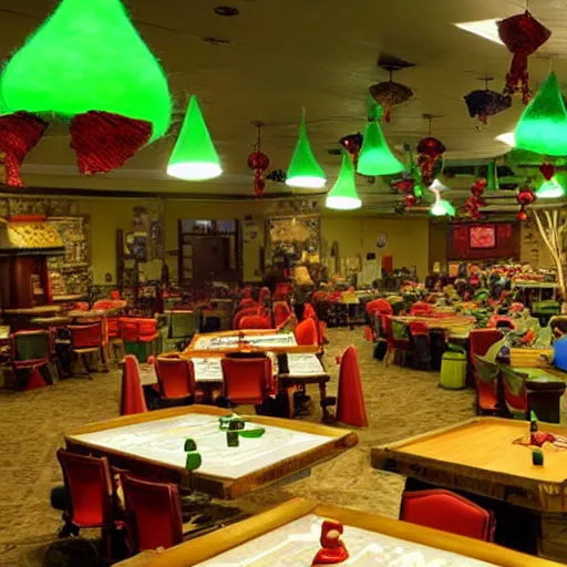 Image similar to You stand inside a bustling gnomish casino. Around the large cave, lit by suspended petchum lanterns, you see various large tables with green felted tops. Each table hosts games of both chance and strategy that the gnomes love. From a counter in the far left corner, Felcher presides over his establishment with pride.