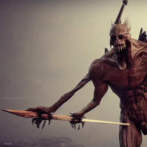 Prompt: cinematography picture of monster with angel wings and human skin, no eyes, long jaw, holding a spear, 8k, unreal engine 5, ps5, hyperrealistic, artstation, higly detailed