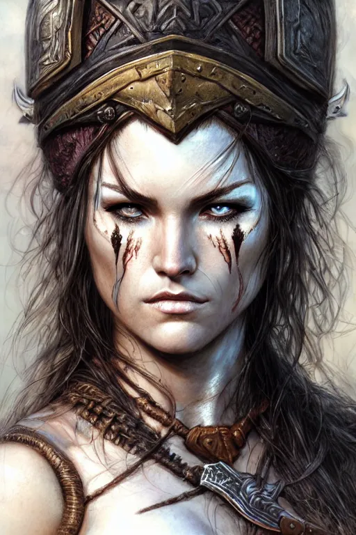 Image similar to head and shoulders portrait of a barbarian, female, high fantasy, dnd, face details, extremely detailed, smooth, sharp focus, digital illustration, by luis royo, magali villeneuve, donato giancola, wlop, krenz cushart, artgerm