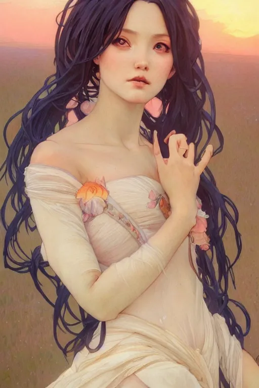 Image similar to 3 / 4 portrait dancing in the sunset a seductive meditation goddess in the style of artgerm, wlop, greg rutkowski, alphonse mucha and ayami kojima, realistic details, volumetric lighting, very very very very beautiful symmetrical face, trending on artstation, artstationhd, artstationhq, unreal engine, 4 k, 8 k
