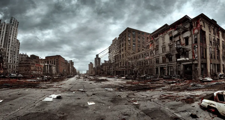 Prompt: wide angle shot of dilapidated zombie - apocalypse new york city in real life, desolate with zombies, dilapidated, empty streets, nightmarish, some rusted style parked vehicles, sunny weather, few clouds, volumetric lighting, photorealistic, daytime, autumn, sharp focus, ultra detailed, cgsociety