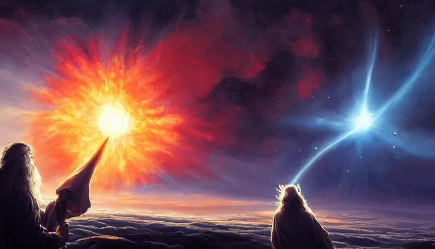 Image similar to a beautiful painting of gandalf watching a red giant star going supernova in the sky of an alien world, ray traced lighting by jean kalin popov and greg rutkowski