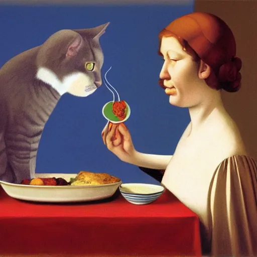 Image similar to a boring woman and her cat sharing a meal by Raphael, Hopper, and Rene Magritte. detailed, romantic, enchanting, trending on artstation.