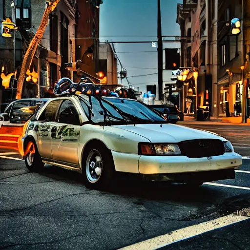 Prompt: deathclaw behind the wheel, subaru, street lighting, downtown environment, wide lens, 2 4 mm, street lamps