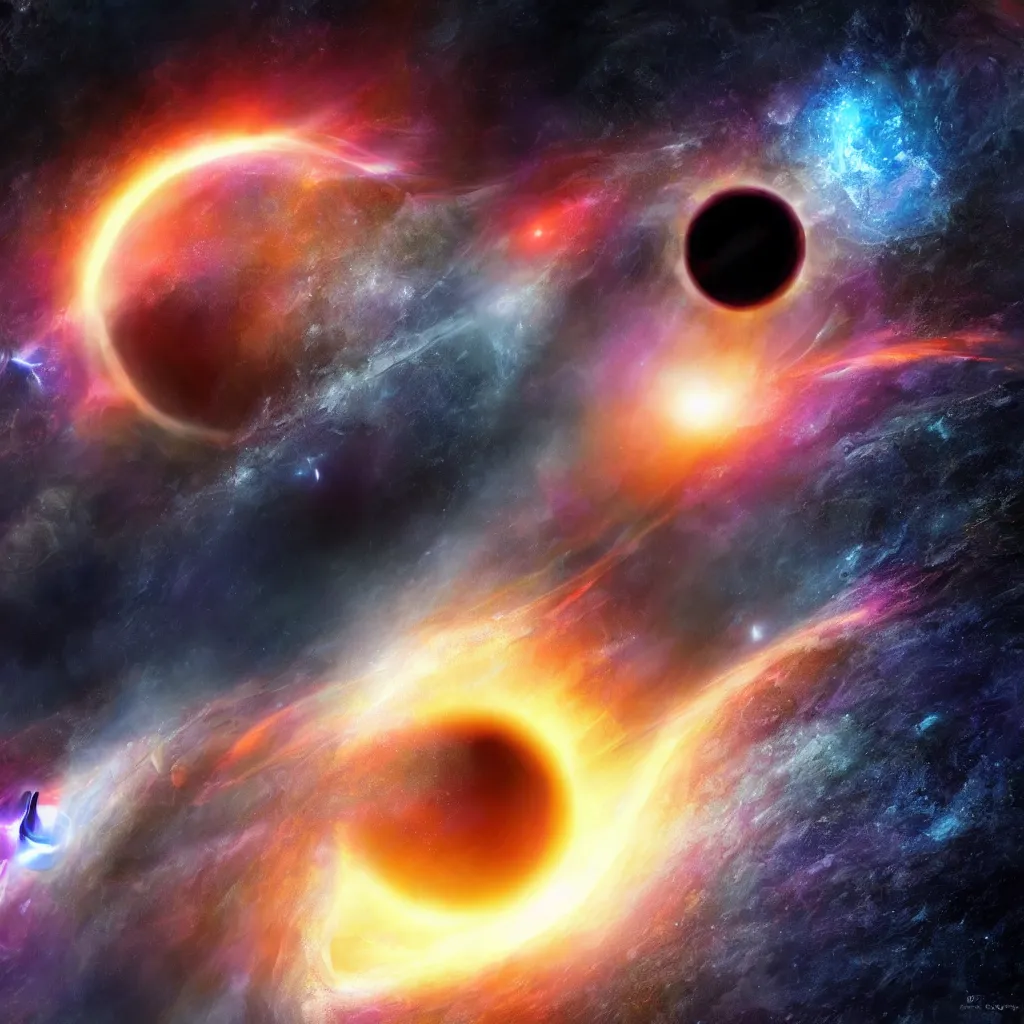 Prompt: planet being destroyed by black hole, in space, very detailed, digital art, illustration, colorful, dramatic, hd, concept art