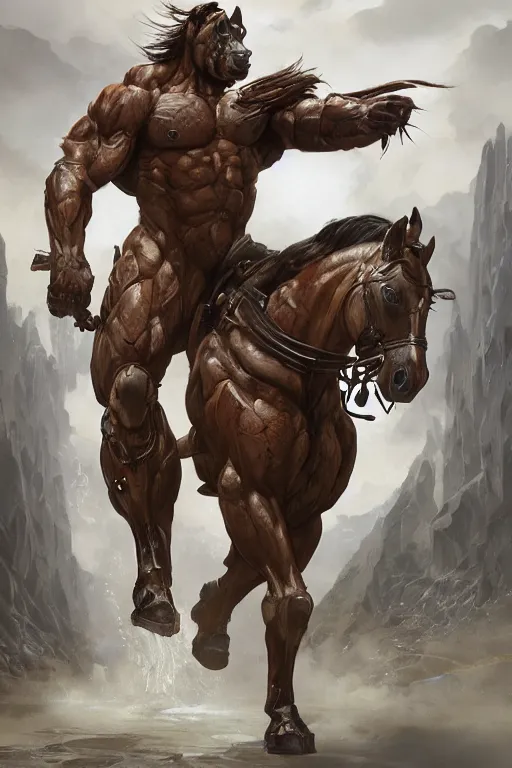 Image similar to splash art of a monstrously muscular anthro horse wearing a tactical bodysuit, full body, highly detailed, digital painting, artstation, concept art, sharp focus, illustration, art by artgerm and greg rutkowski and alphonse mucha