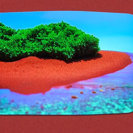 Image similar to mcdonalds on a red sand beach, green ocean, nebula sunset