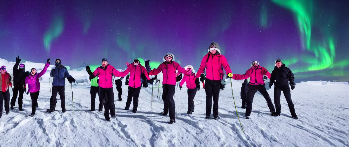 Prompt: a creepy backlit hyper detailed photo realistic vivid close up photograph of a group of six complete people in the snow at night aurora borealis in antarctica running through mcmurdo station base screaming oh my god