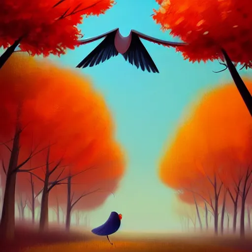 Prompt: goro fujita ilustration a beautiful bird with open wings and feathers flying over a forest full of autumn trees, painting by goro fujita, sharp focus, highly detailed, artstation