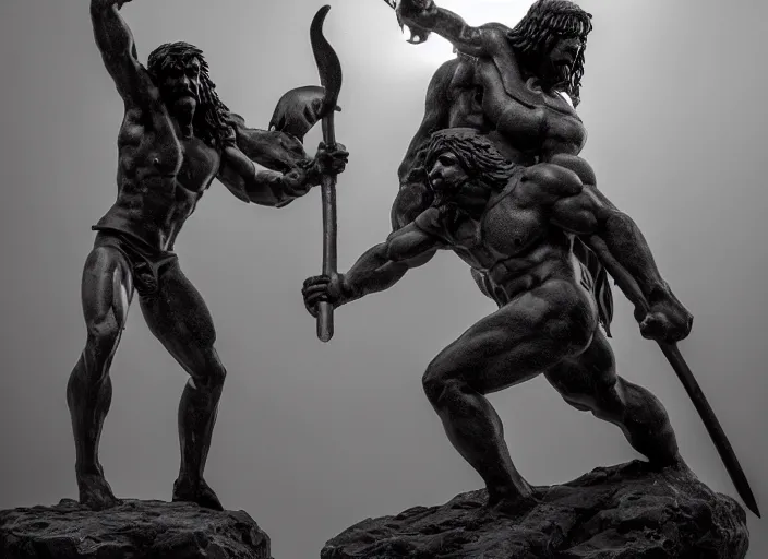 Prompt: a full figure rubber sculpture of conan the barbarian fighting a giant troll, by Michelangelo, dramatic lighting, foggy atmosphere, rough texture, subsurface scattering, wide angle lens