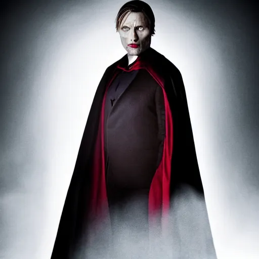 Image similar to mads mikkelsen as a vampire, male, late - 4 0 s aged, shoulder blade length, slicked black hair, red irises, clean shaven, wearing a cape, regal, royal, grim facial expression, high medieval fantasy, full color digital art, cinematic shot, full body shot.