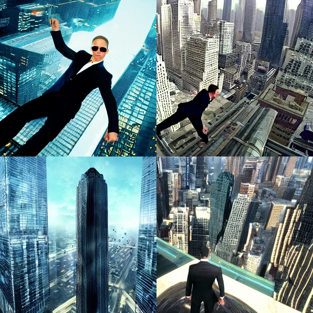 Prompt: Agent Bezos dodging bullets on top of a skyscraper in The Matrix, bullet time, cinematic, high-quality, 8K