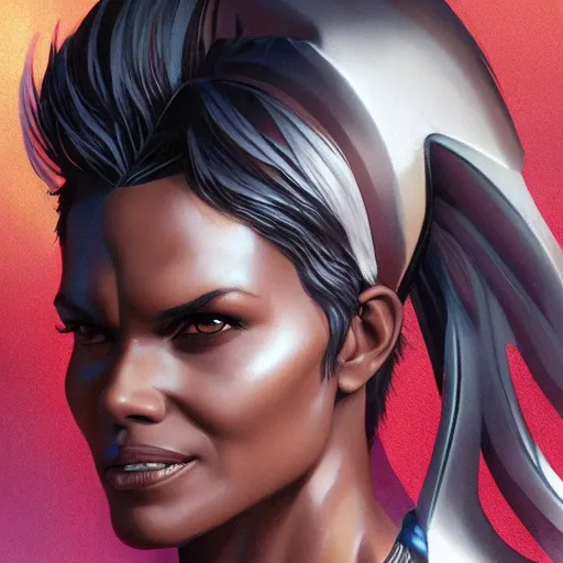 Image similar to halle berry as storm character from x - men, by artgerm, greg rutkowski, james gurney, alex ross