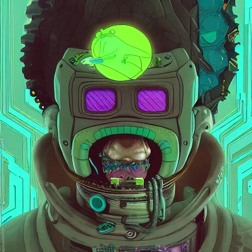 Image similar to pickle rick sanchez cyberpunk portrait by gaston bussierre and charles vess and james jean and erik jones and rhads, inspired by ghost in the shell, beautiful fine face features, intricate high details, sharp, ultradetailed