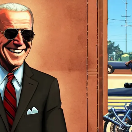 Image similar to joe biden wearing aviators and laughing in gta v, cover art by stephen bliss, boxart, loadscreen