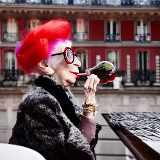 Image similar to a french snail drinking red wine in paris by iris apfel