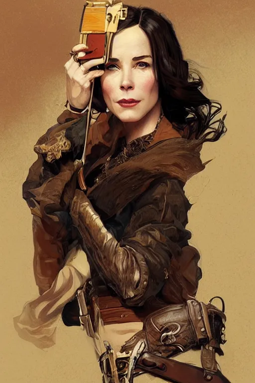 Prompt: portrait of parker posey, western, gunslinger, duster, fantasy, intricate, elegant, highly detailed, digital painting, artstation, concept art, sharp focus, illustration, art by artgerm and greg rutkowski and alphonse mucha