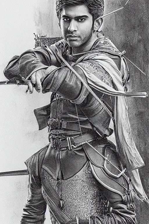 Image similar to intricate pencil sketch of rishi sunak as robin hood but robbing the poor to give to the rich, 8 k octane beautifully detailed render