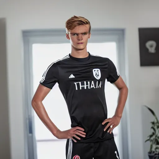 Image similar to a realistic detailed photo of a guy who is an attractive humanoid who is half robot and half humanoid, who is a male android, soccer player martin ødegaard, shiny skin, posing like a statue, blank stare, in a living room, on display, showing off his muscles