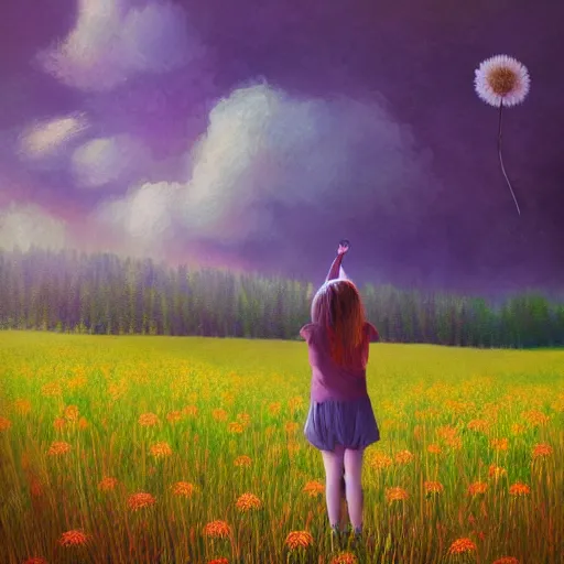 Image similar to girl with dandelion face, surreal photography, dream, standing in flower field, hills, big trees, sunrise dramatic light, impressionist painting, colorful clouds, digital painting, pointillism, artstation, simon stalenhag