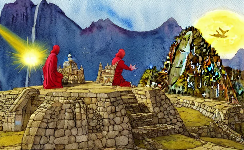 Prompt: a realistic and atmospheric watercolor fantasy concept art of a golden ufo landing on top of machu pichu. in the foreground a female medieval monk in grey robes is kneeling with her hands by her sides. by rebecca guay, michael kaluta, charles vess and jean moebius giraud