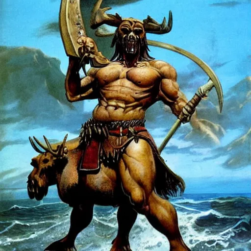 Prompt: anthropomorphic moose barbarian humanoid by frank frazetta, pirate ship, sea, fantasy