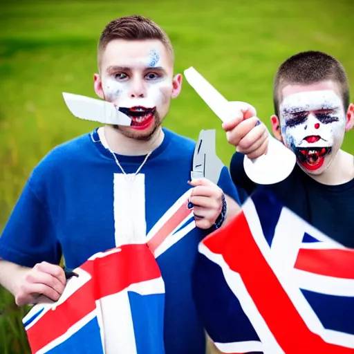 Prompt: mid-shot portrait photograph of two male British chav youths holding box cutter knives, with white powder on their faces, wearing the Union Jack, high quality