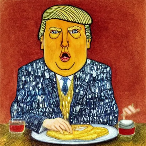 Prompt: donald trump eating a cheeseburger in the style of gustav klimt drawing