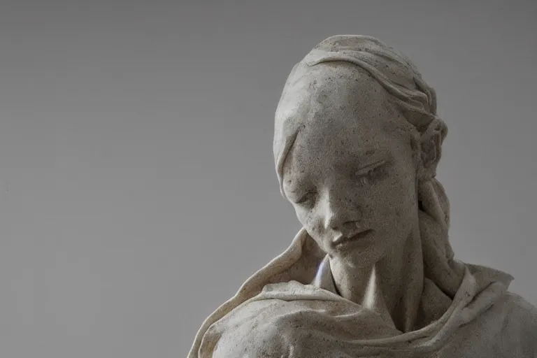 Prompt: a sculpture of a person sitting on top of a chair, a marble sculpture by nicola samori, behance, neo - expressionism, marble sculpture, apocalypse art, made of mist, masterpiece, bokeh, soft light