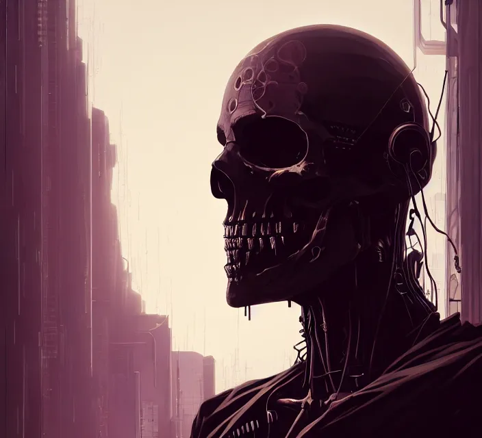 Image similar to cyberpunk skeleton jesus, noir, sharp focus, intricate, illustration, cell shaded, digital painting, highly detailed, matte, art by ilya kuvshinov, wlop, greg rutkowski, reflections, studio quality, james jean, artem demura