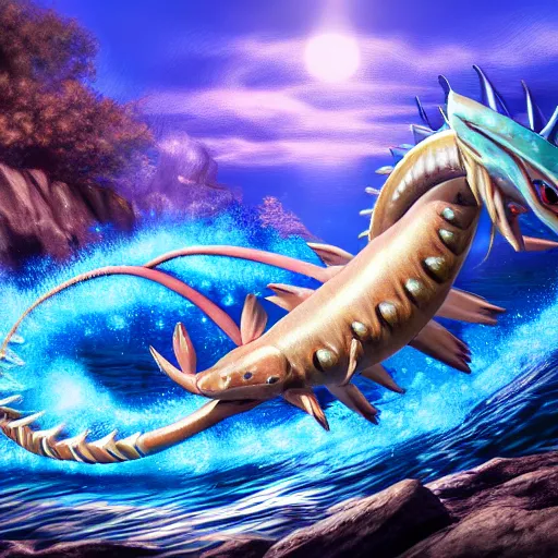 Prompt: photography of a realistic gyarados animal, ultra detailed, 8 k, cinematic lighting, natural background, trending on artstation, pokemon