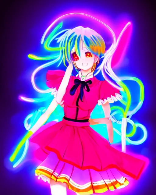 Image similar to anime style, vivid, expressive, full body, 4 k, painting, a cute magical girl idol with a long wavy colorful hair wearing a colorful dress, correct proportions, stunning, realistic light and shadow effects, neon lights, studio ghibly makoto shinkai yuji yamaguchi