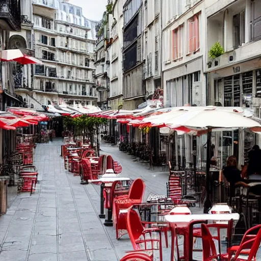 Prompt: une rue de paris vide avec des voitures garees, un restaurant avec une terrasse, des boutiques avec des neons, en debut de matinee ( ( ( en 2 0 2 0 ) ) )