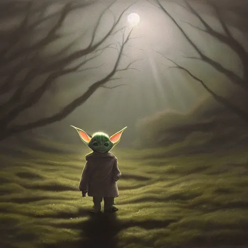 Image similar to high - angle view, shot from 5 0 feet distance, baby yoda strolls on a well lit path in a dimly lit forest. dramatic clouds, setting sun. oil on canvas painting, light, shadow, contrast, detailed, depth, volume, chiaroscuro, drama, quiet intensity, serene.