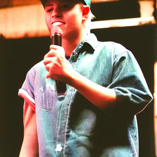 Prompt: 19-year-old white boy wearing backwards baseball cap, baggy jeans, rapping into microphone, nü metal concert, rap metal, alternative metal, 1999 photograph