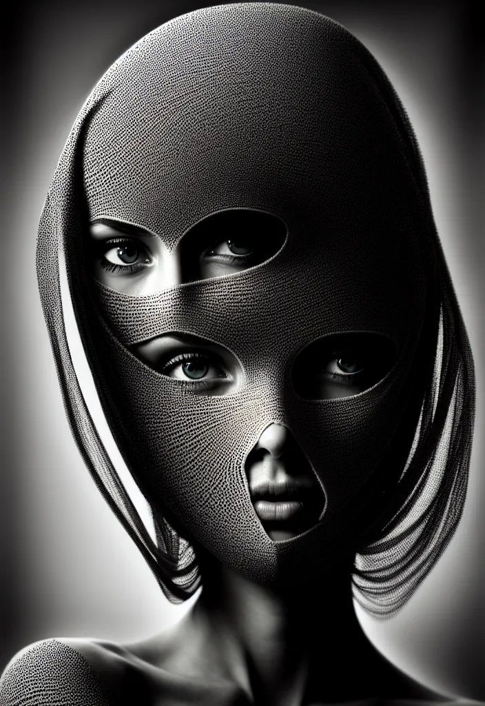 Image similar to portrait of a young beautiful woman with a partially face covering mask. fractal, mandelbulb technique. black and white, black on black. intricate, elegant, super highly detailed, professional digital painting, smooth, extreme illustration, 8k, 3D, beautiful, cinematic. art deco, art nouveau.