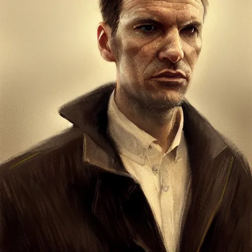 Image similar to Portrait of a man by Greg Rutkowski, he is about 40 years old, mixture between russian and irish, side parted combover brown hair, attractive, NARROW very very very very sharp face ANGULAR hawkish facial features, hooked nose , extremely pale white skin, smart looking, he is wearing a black trenchcoat, highly detailed portrait, scifi, digital painting, artstation, concept art, smooth, sharp foccus ilustration, Artstation HQ