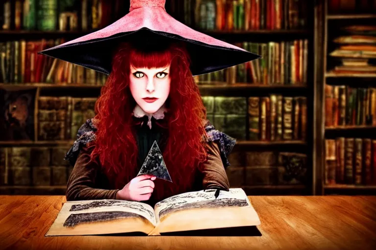 Image similar to close up portrait, dramatic lighting, teen alice witch casting a spell over a large open book on a table with,, cat on the table in front of her, sage smoke, a witch hat cloak, apothecary shelves in the background, still from tim burton movie