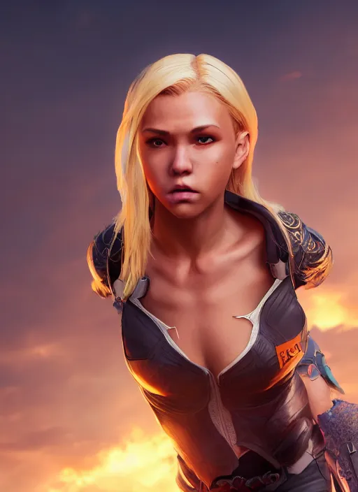 Image similar to An epic fantasy comic book style portrait painting of an athletic female thief with blonde hair dancing, unreal 5, DAZ, hyperrealistic, octane render, cosplay, RPG portrait, dynamic lighting, high detail