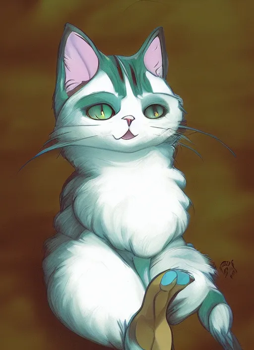 Image similar to official digital painting artwork of a cat character by don bluth, ross tran and studio ghibli.