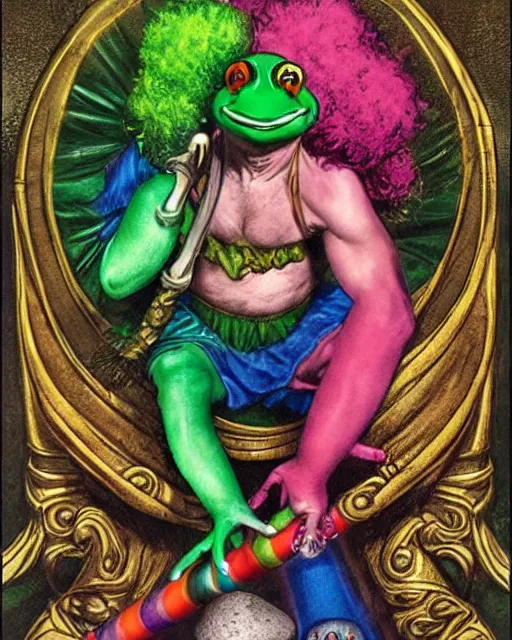 Image similar to clown frog king pulls the sword from the stone, clown frog king wearing clown makeup and rainbow wig, clown crown artwork by Glenn Fabry