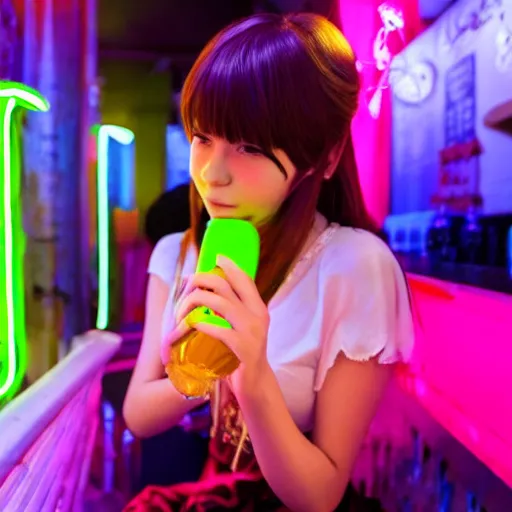 Image similar to anime girl drinking wine from a neon bar