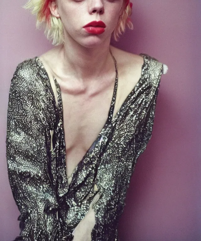 Image similar to a color photograph of edie campbell, bleached blonde short hair, by nan goldin, intense, bold, hyperrealistic, ultra sharp, extra details, ultra high quality, trending on pinteresst