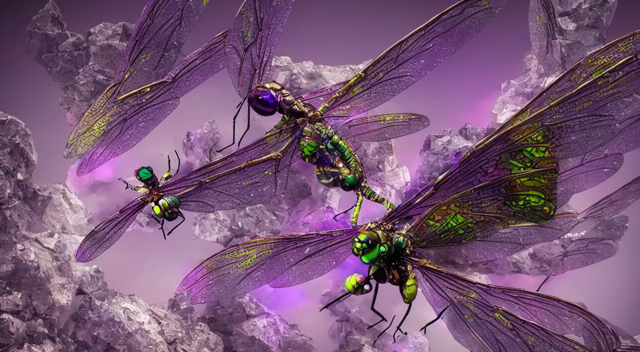 Prompt: a hi - resolution nature photograph of a dragonfly with wings made out of amethyst, flying over a cyber punk dystopian city. extremely detailed, mandelbulb 3 d, cinematic lighting