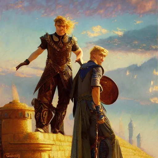 Image similar to attractive arthur pendragon confesses his love to attractive male merlin. highly detailed painting by gaston bussiere, craig mullins, j. c. leyendecker 8 k