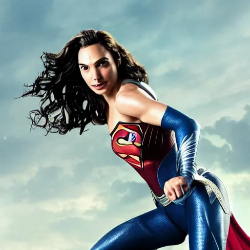 Prompt: an potrait of gal Gadot cast of movie man of steel and wearing a superman suit, photorealistic high detail, view from below, full shot body.