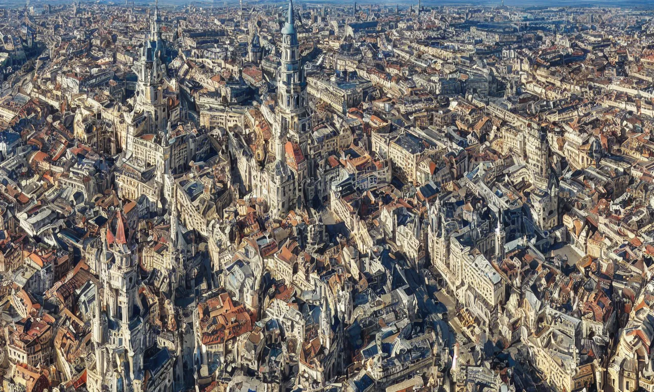 Prompt: highly detailed, intricate stunning image of an ornate baroque city landscape poking through the clouds into the bright blue sky : : 6, looking down from a balcony high up a tower : : 1 0, surrounded by higer baroque castle towers