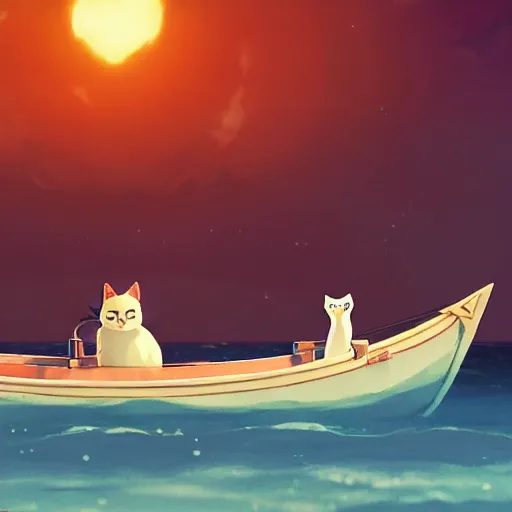 Image similar to a wholesome animation creative key shot of a cat sailing a boat in the night, full shot, studio ghibli, pixar and disney animation, sharp, rendered in unreal engine 5, anime key art by greg rutkowski, bloom, dramatic lighting